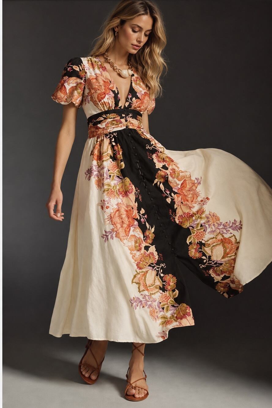 Anthropologie Catalina Button-Front Maxi Dress Black Floral Puff Sleeve Cotton S
